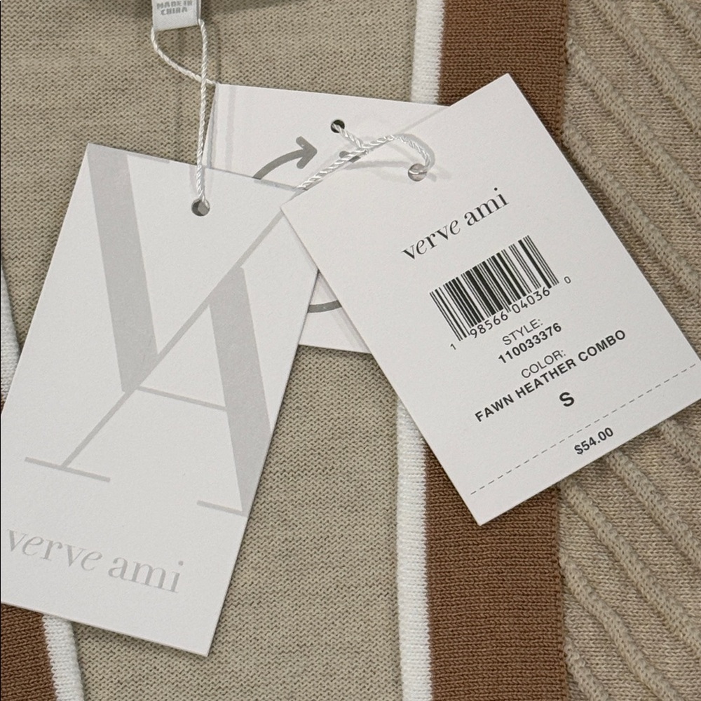 Verve Ami Cardigan Fawn Heather Combo Tan Stripe Ribbed Long Sleeve S - Picture 10 of 16